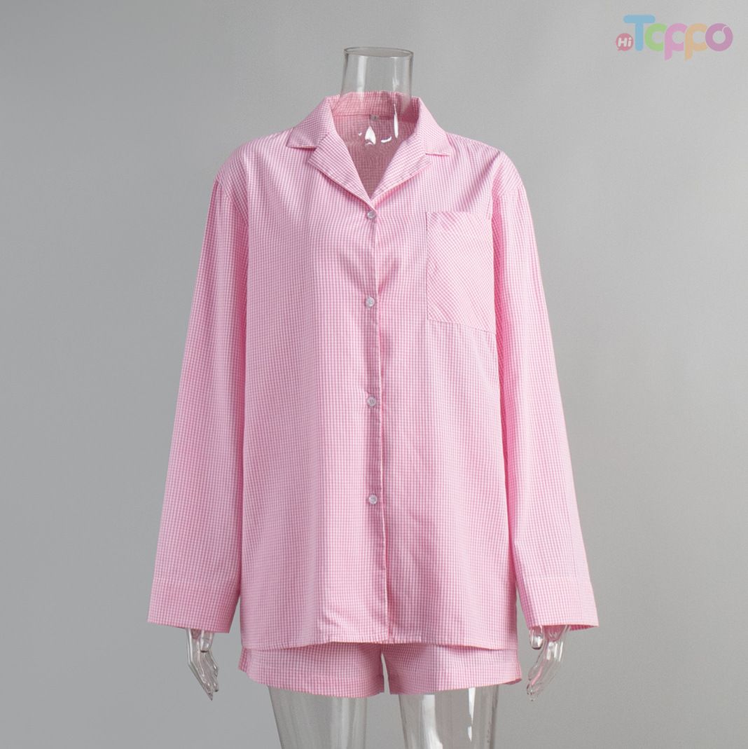 Pink Gingham Oversized Shirt & Shorts Loungewear Set