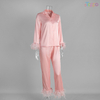 Elegant Pink Satin Feather-Trimmed Pajama Set