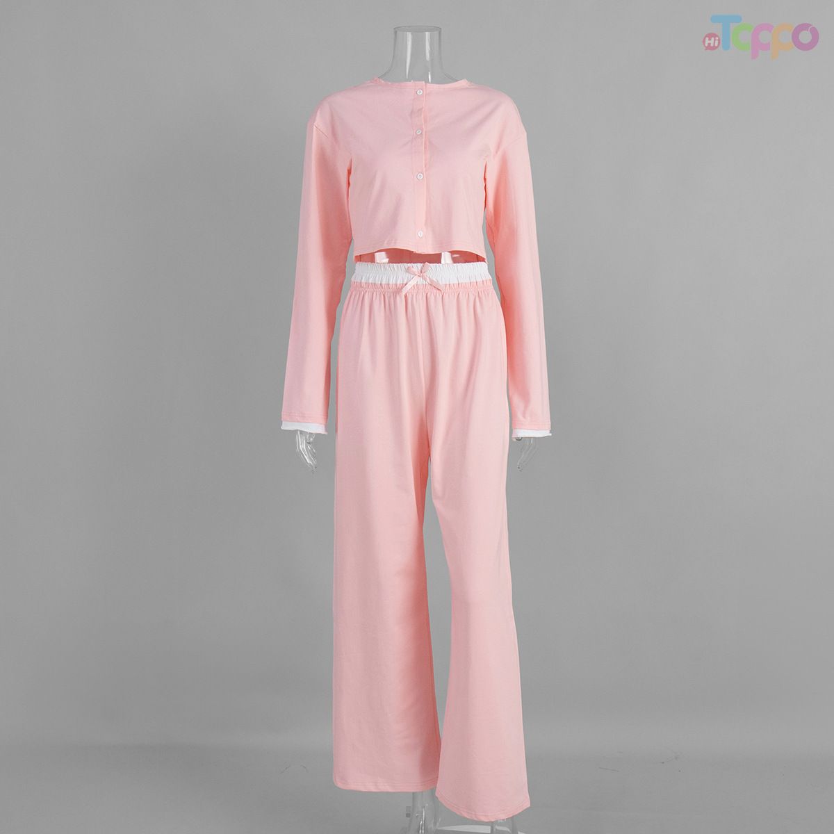 Light Gray Cropped Button-Front Contrast Trim Wide-Leg Two-Piece Set