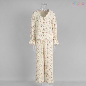 Cream Floral Ruffled Long-Sleeve Loose Comfortable Sleepwear Set