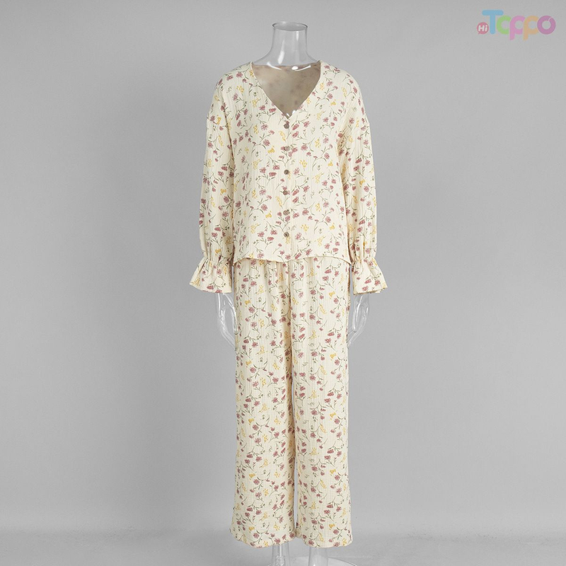 Cream Floral Ruffled Long-Sleeve Loose Comfortable Sleepwear Set
