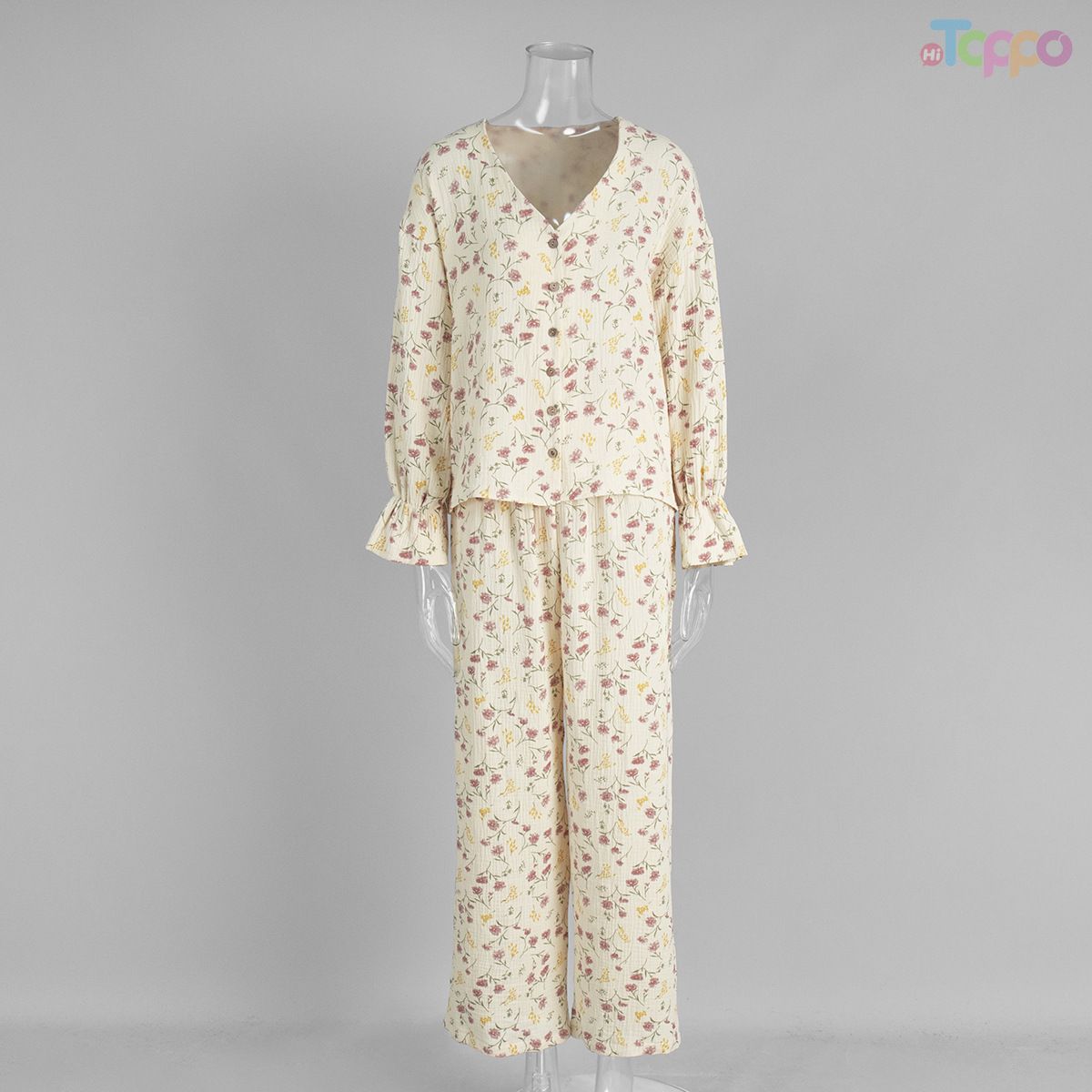 Cream Floral Ruffled Long-Sleeve Loose Comfortable Sleepwear Set