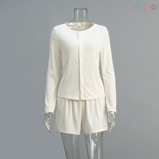 White Embossed Crew Neck Cardigan Shorts Two-Piece Set