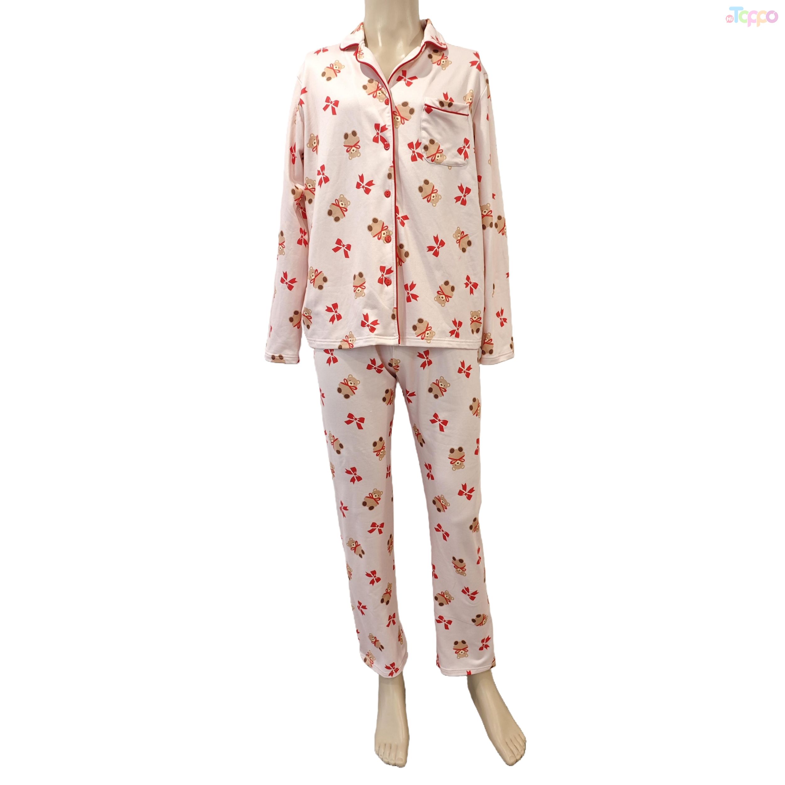 Cute Light Pink Teddy Bear Bow Print Long-Sleeve Pajama Set