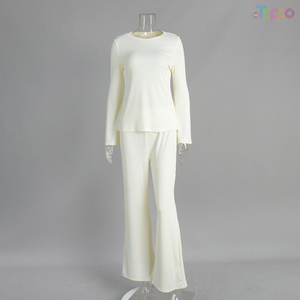 Minimalist Cream Ribbed Flare Loungewear Set