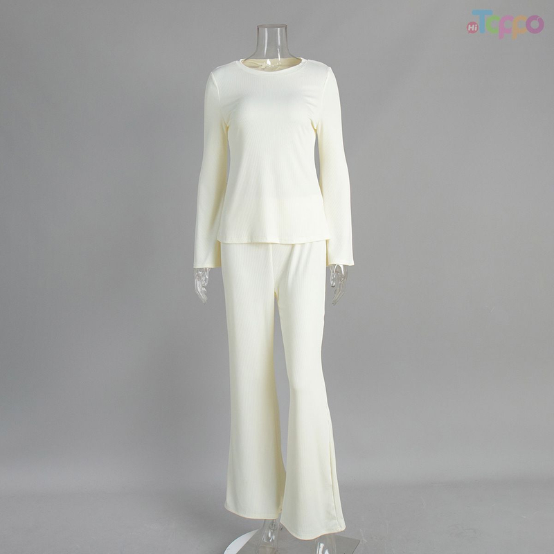 Minimalist Cream Ribbed Flare Loungewear Set