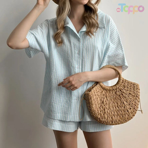 Breathable Blue White Stripe Crinkle Pajama Set