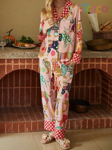 Fun Cartoon Animal Print Pink Pajama Set