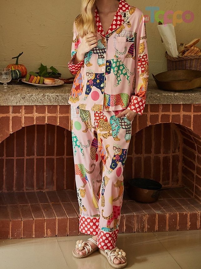 Fun Cartoon Animal Print Pink Pajama Set