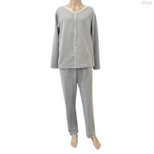 Light Gray Lace-Trimmed Button-Front Long-Sleeve Loungewear Set