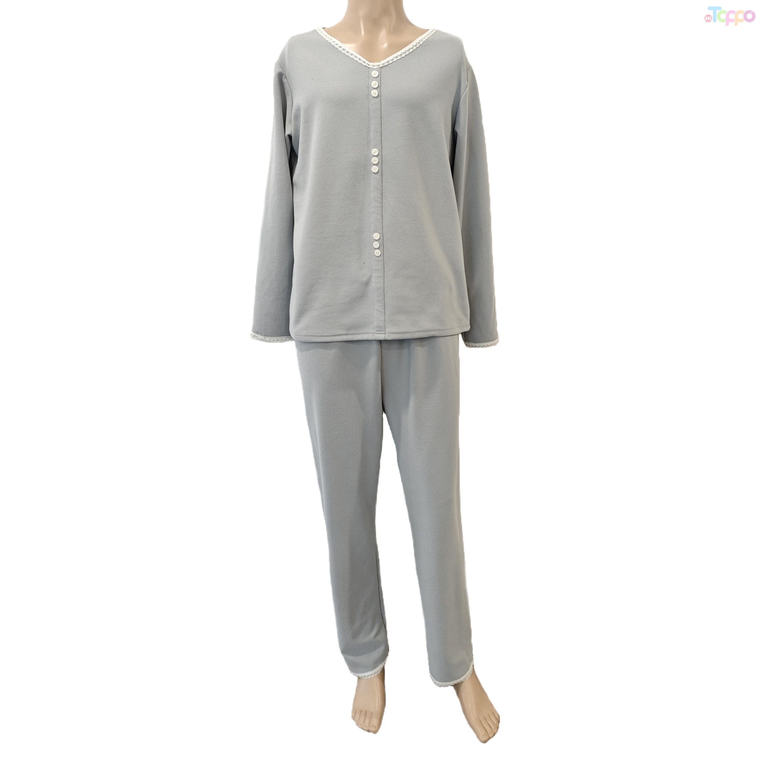 Light Gray Lace-Trimmed Button-Front Long-Sleeve Loungewear Set
