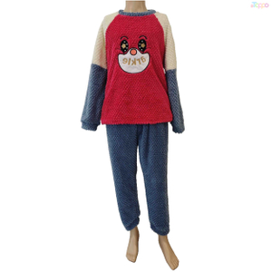 Women's Color-Block Cartoon Face Plush Knit Raglan Sleeve Pajama Set