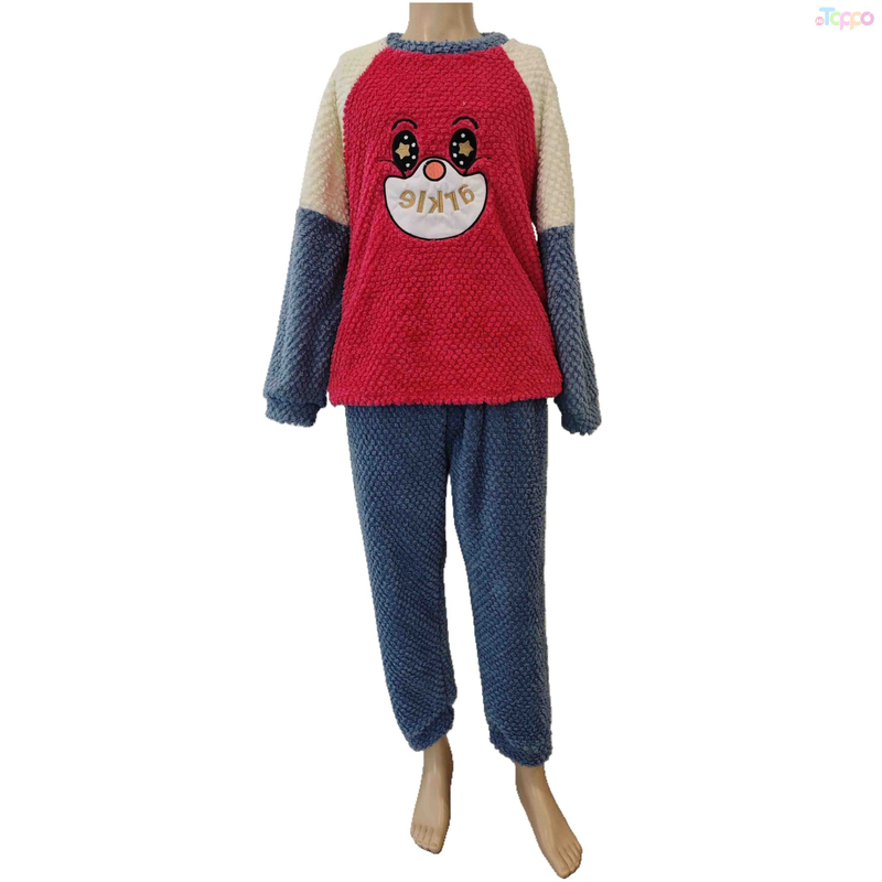 Women's Color-Block Cartoon Face Plush Knit Raglan Sleeve Pajama Set