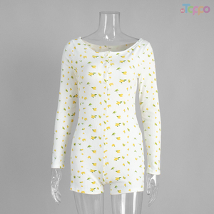 Cozy White Lemon Print Ribbed Long-Sleeve Women Romper