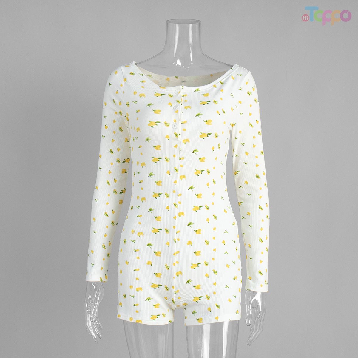 Cozy White Lemon Print Ribbed Long-Sleeve Women Romper