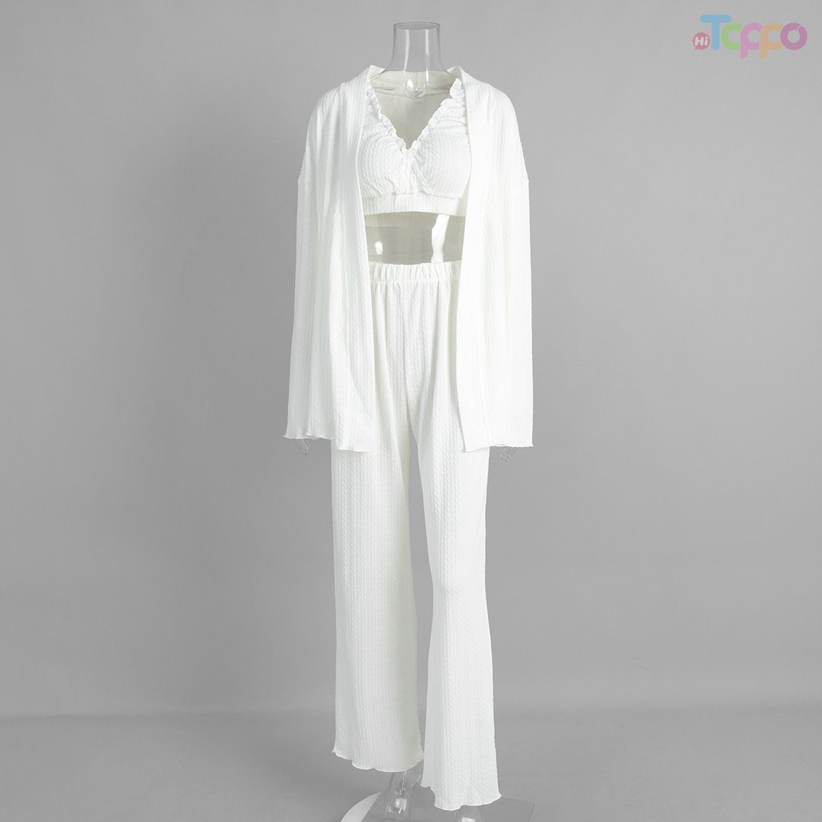 Beige Ribbed Wrap-Front Self-Tie Belt Loungewear Set