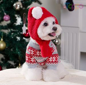 Christmas Pet Sweater with Snowflake Pattern & Hooded Scarf