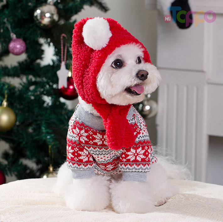 Christmas Pet Sweater with Snowflake Pattern & Hooded Scarf