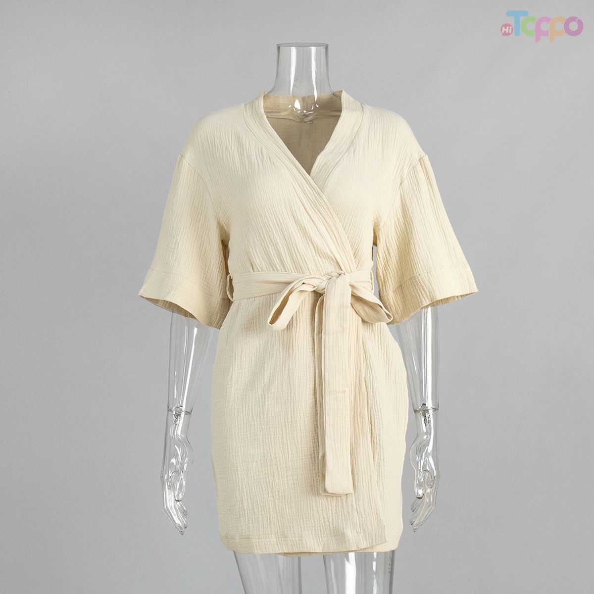 Beige Crinkled Wrap Self-Tie Waist Lounge Dress