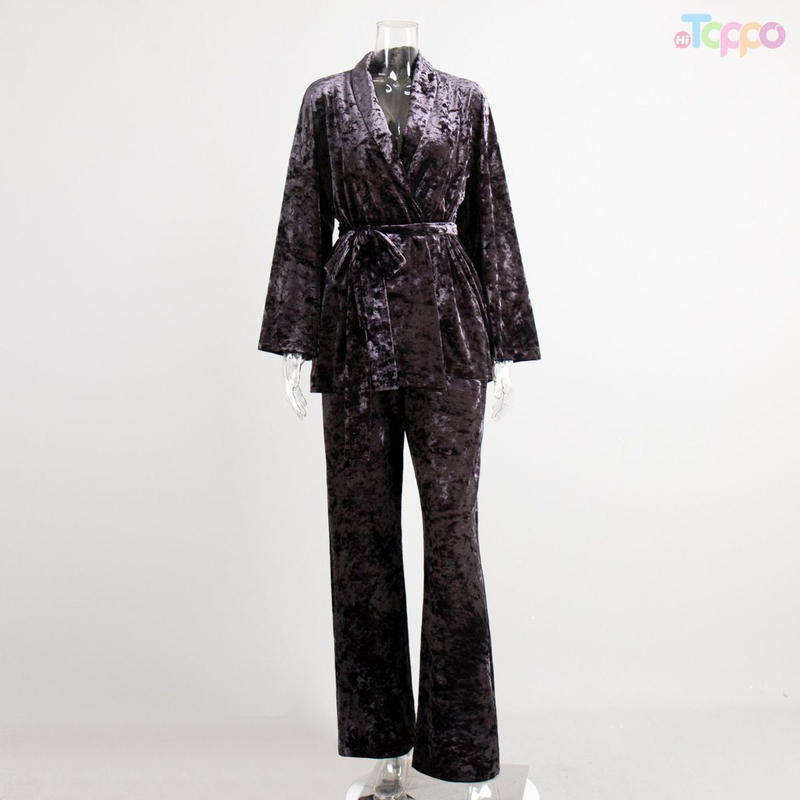 Dark Gray Velvet Robe & Wide-Leg Loungewear Set