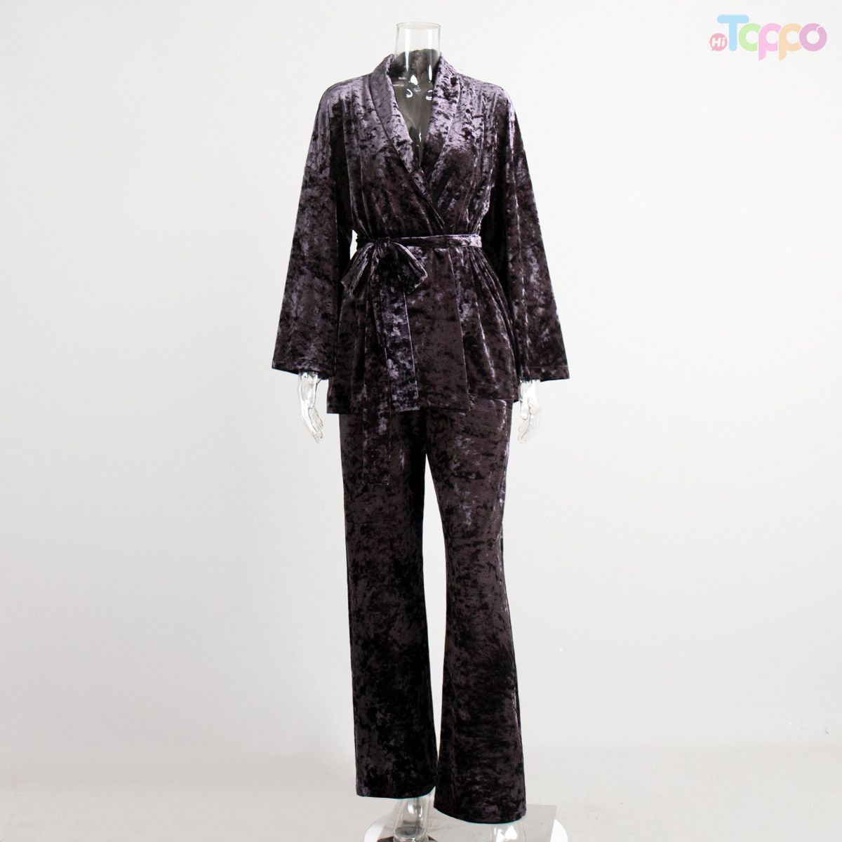 Dark Gray Velvet Robe & Wide-Leg Loungewear Set