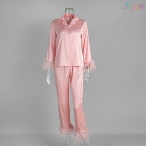 Elegant Pink Satin Feather-Trimmed Pajama Set