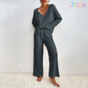 Women's Gray Ribbed Knit V-Neck Long-Sleeve & Wide-Leg Pants Set