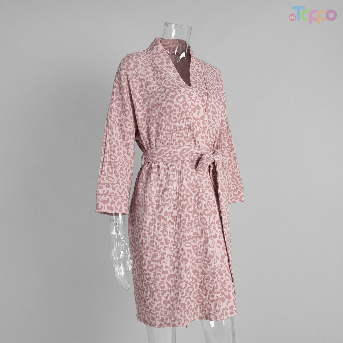 Women's Pink Leopard Print Self-Tie Waist Quilted Robe