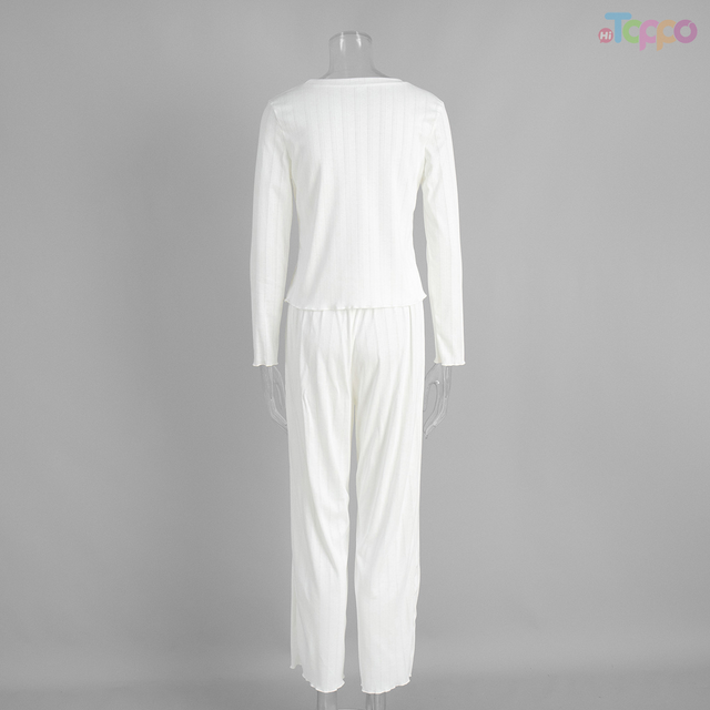 Women's White Ribbed Long-Sleeve Top & Cropped Pants Loungewear Set
