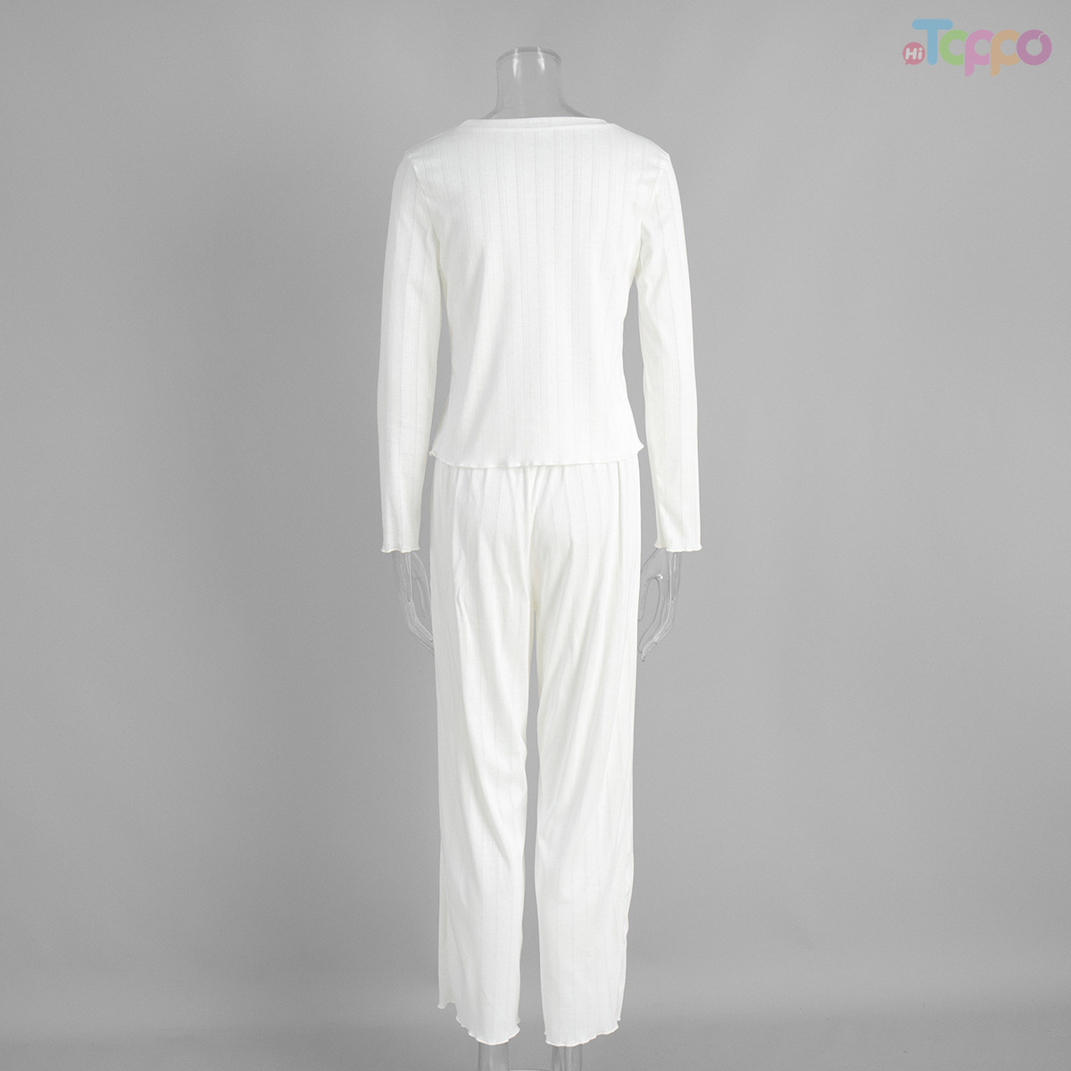 Women's White Ribbed Long-Sleeve Top & Cropped Pants Loungewear Set
