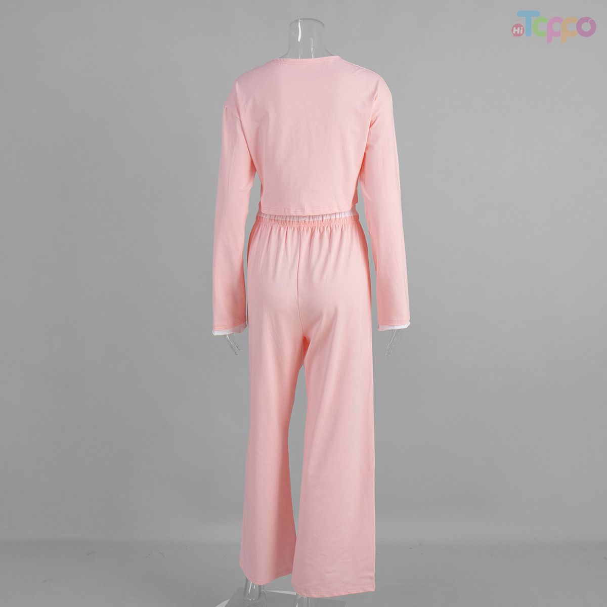 Light Gray Cropped Button-Front Contrast Trim Wide-Leg Two-Piece Set