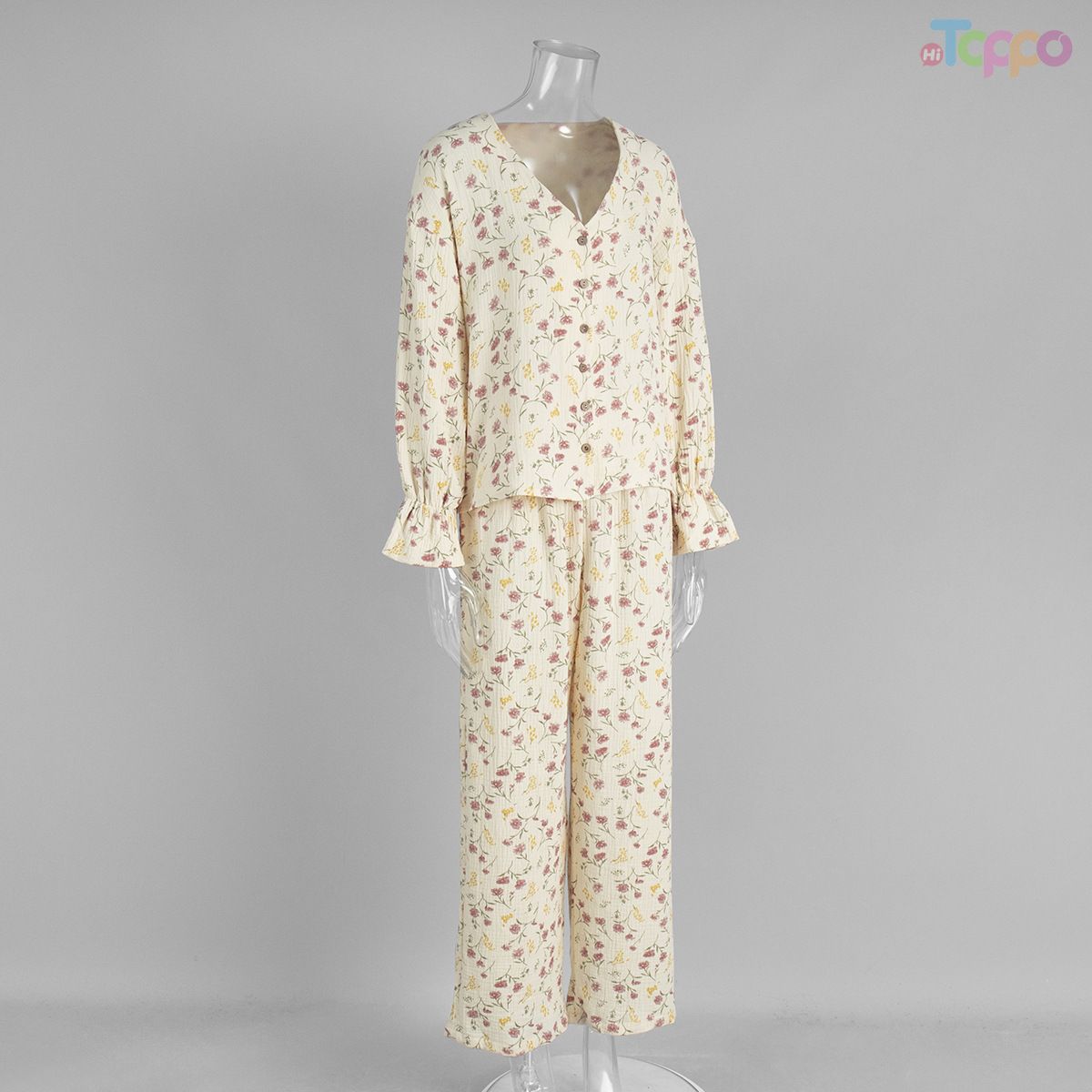 Cream Floral Ruffled Long-Sleeve Loose Comfortable Sleepwear Set