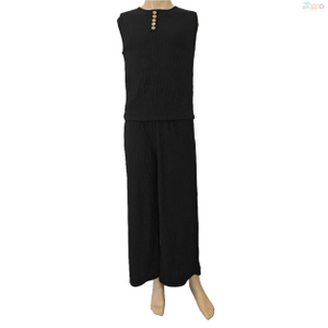 Black Textured Sleeveless Two-Piece Wide-Leg Pants Casual Set