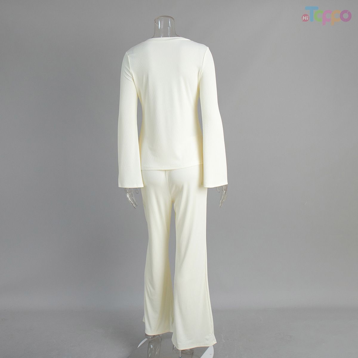 Minimalist Cream Ribbed Flare Loungewear Set