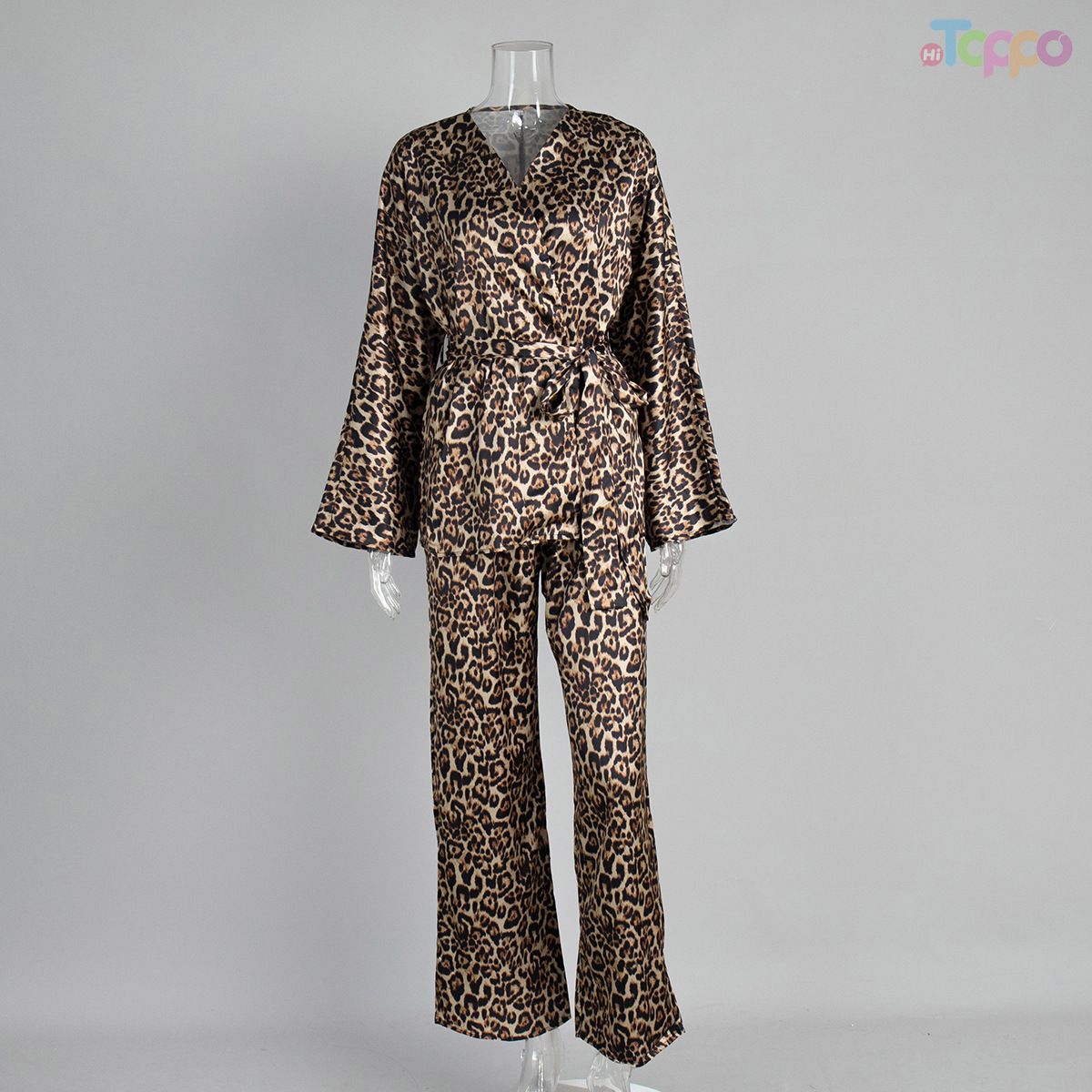 Sexy Leopard Print Satin Pajama Set with Belt