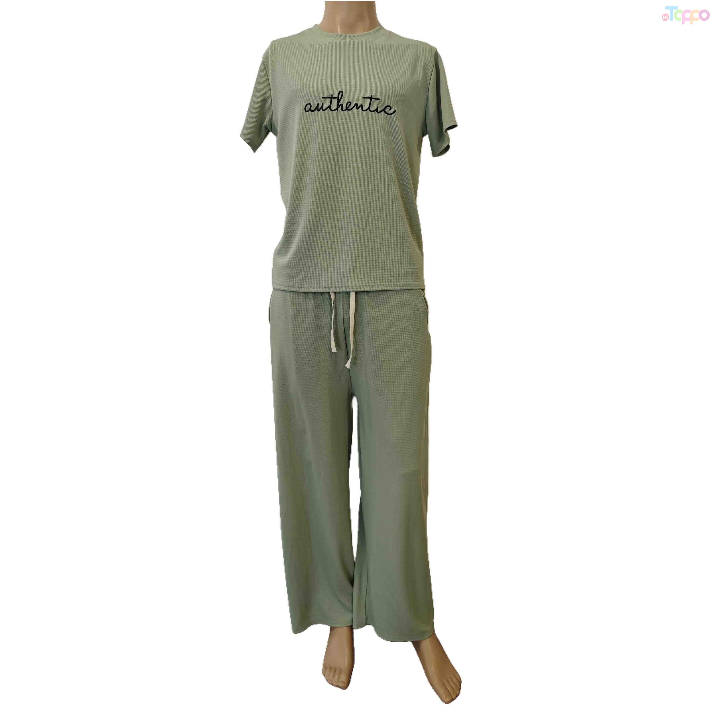 Women’s Sage Green “Authentic” Short-Sleeve & Wide-Leg Loungewear Set