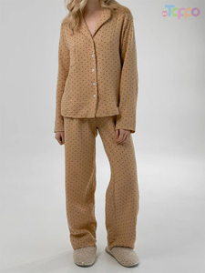 Soft Tan Polka Dot Quilted Collared Long-Sleeve Pajama Set