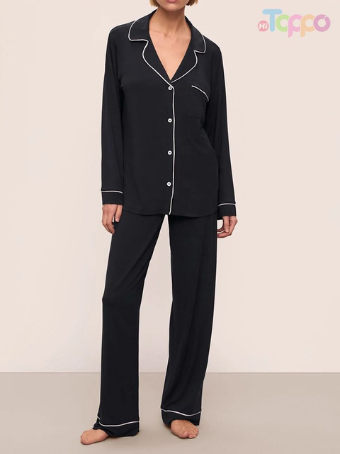 Olive Green Contrast Trim Collared Pajama Set