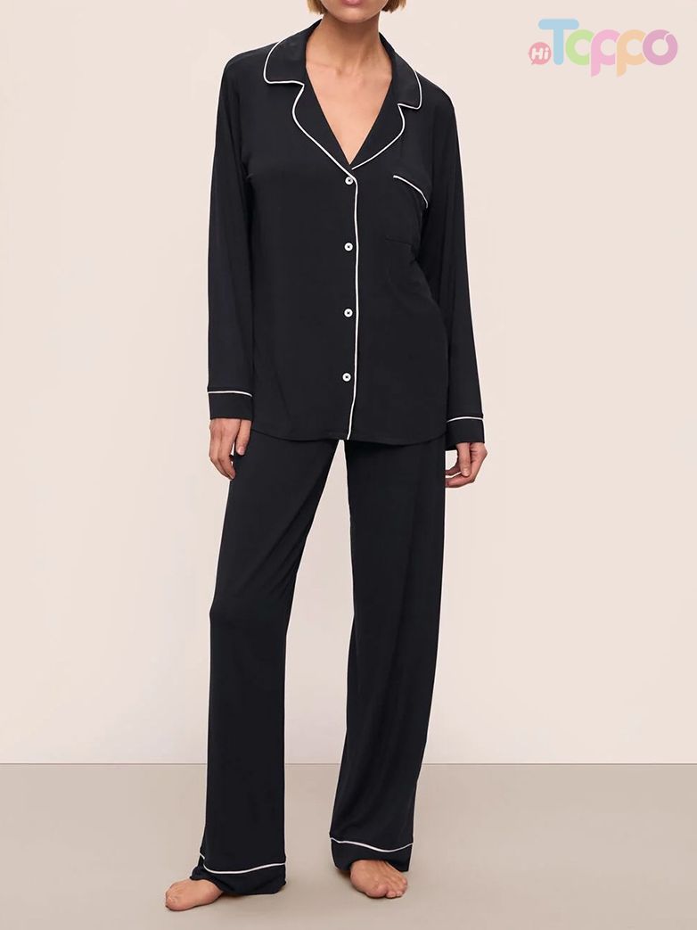 Olive Green Contrast Trim Collared Pajama Set