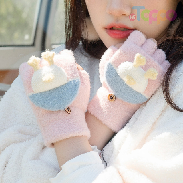 Cute Student Fingerless Flip Gloves Solid Knitted Winter Warm Gloves