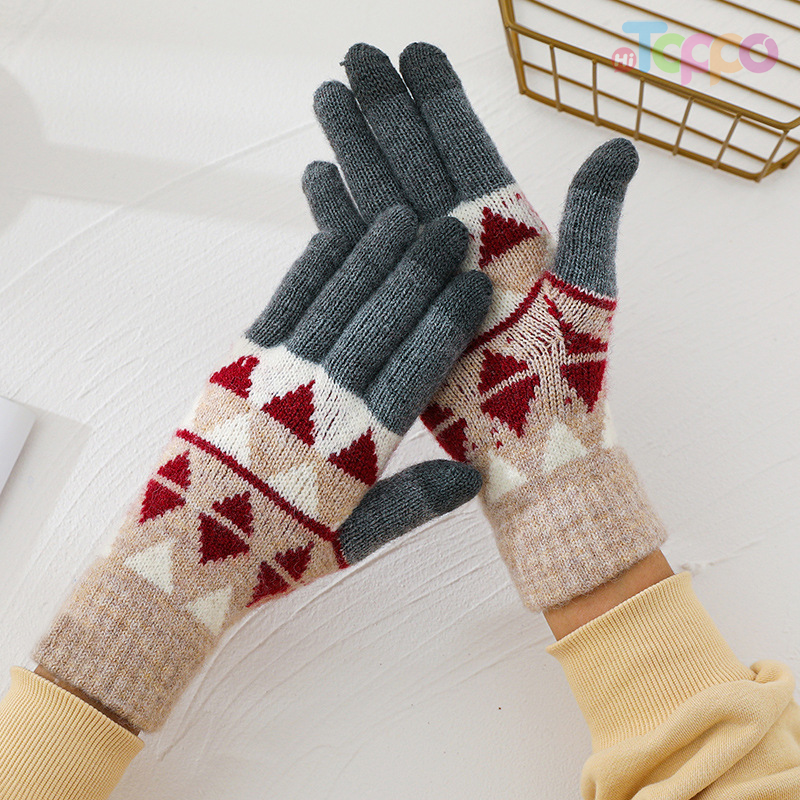 Knitted plaid gloves plus fleece thickened cycling five-finger touch screensaver warm gloves