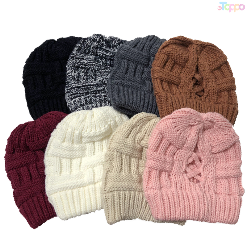 Crisscross Acrylic Knitted Women's Knit Ponytail Beanie Hat Winter Crochet Women Warm Knitted Hat