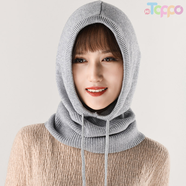 Winter Warm Knitting Ear Protector Dual-use Thickened Hooded Bib Women Pure Color Woolen Knitted Scarf Hat