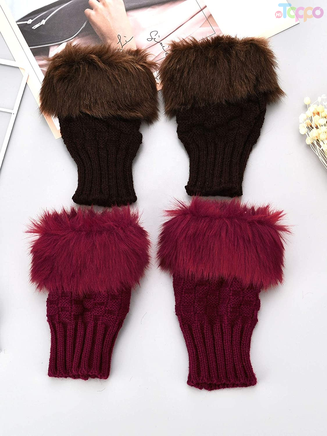  Faux Rabbit Fur Mittens Women Gloves Knitted Arm Fingerless Warmer Winter Knitted Gloves