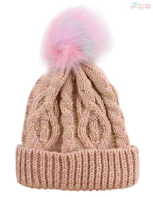 Acrylic Flat Machine Knit Cable Double Layers Hat with Faux Fur Pompom