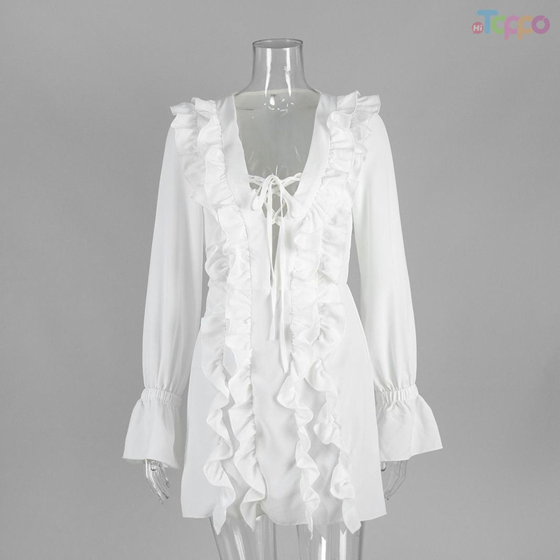 Elegant White Ruffle Trim Lace-Up Bell-Sleeve Mini Dress