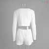 White Ribbed V-Neck Cropped Cardigan Shorts Two-Piece Set