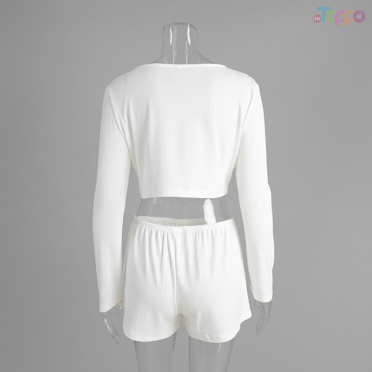 White Ribbed V-Neck Cropped Cardigan Shorts Two-Piece Set