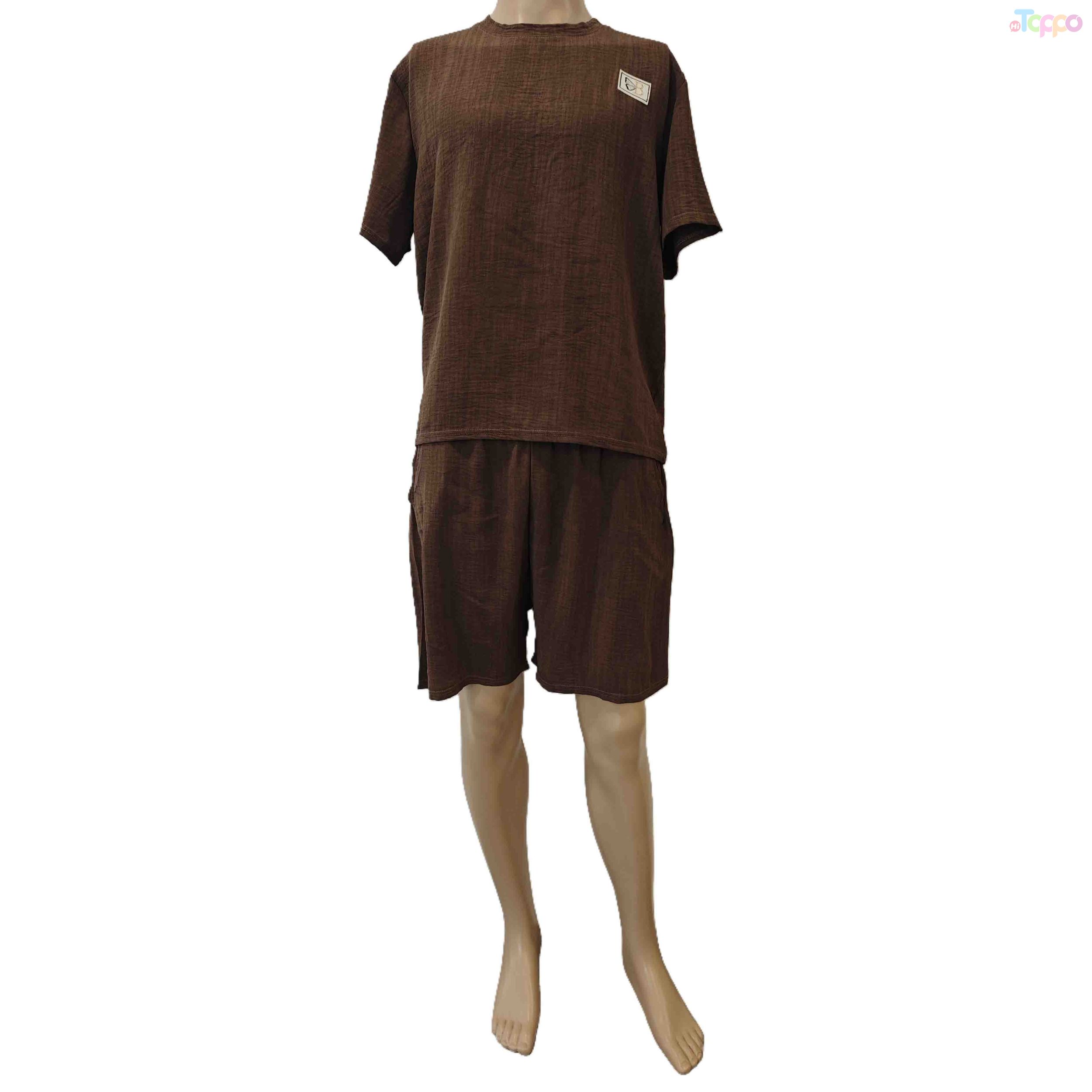 Brown Waffle Texture Short-Sleeve Shorts Two-Piece Loungewear Set