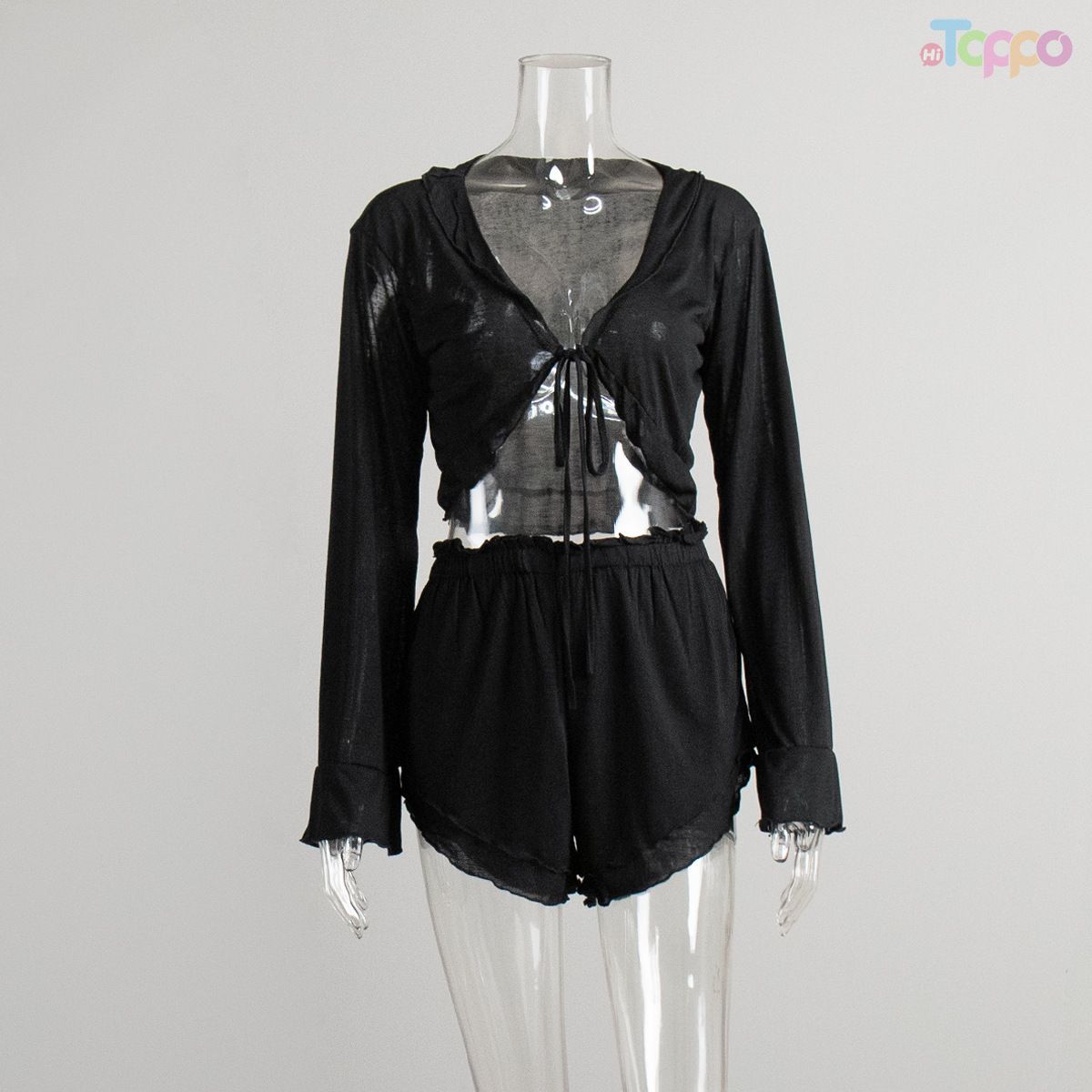 Women's White Long-Sleeve Tie-Front Cutout Shorts Lounge Set